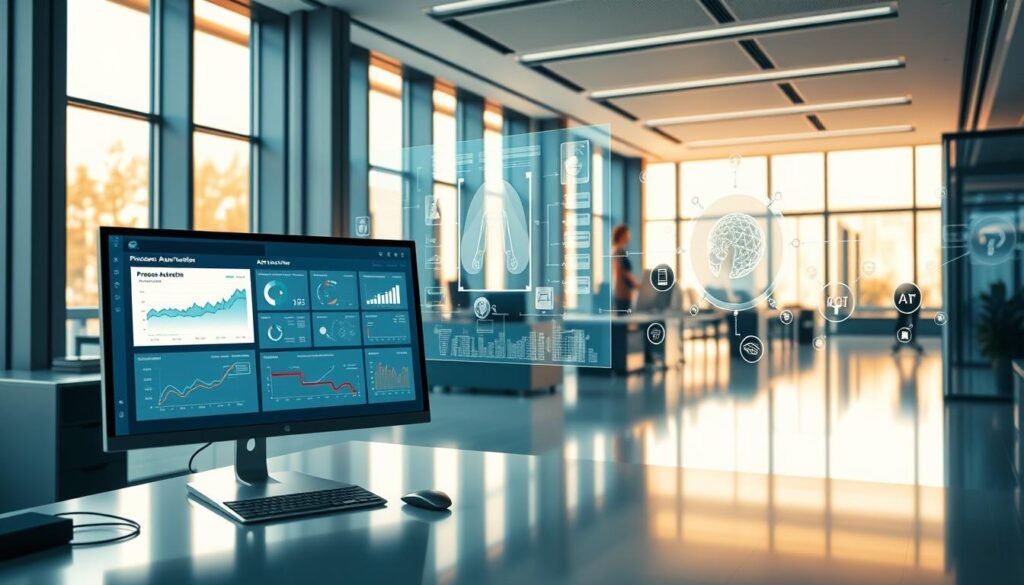 A sleek, modern office interior with a focus on AI-powered business automation features. In the foreground, a sophisticated desktop workstation with a large, high-resolution display showcasing various process automation dashboards and analytics. In the middle ground, holographic projections and IoT-connected devices illustrate the seamless integration of AI-driven workflows. The background features floor-to-ceiling windows, bathing the space in warm, natural lighting and conveying a sense of technological innovation and efficiency. The overall mood is one of streamlined productivity, data-driven decision making, and a vision for the future of AI-empowered business automation.
