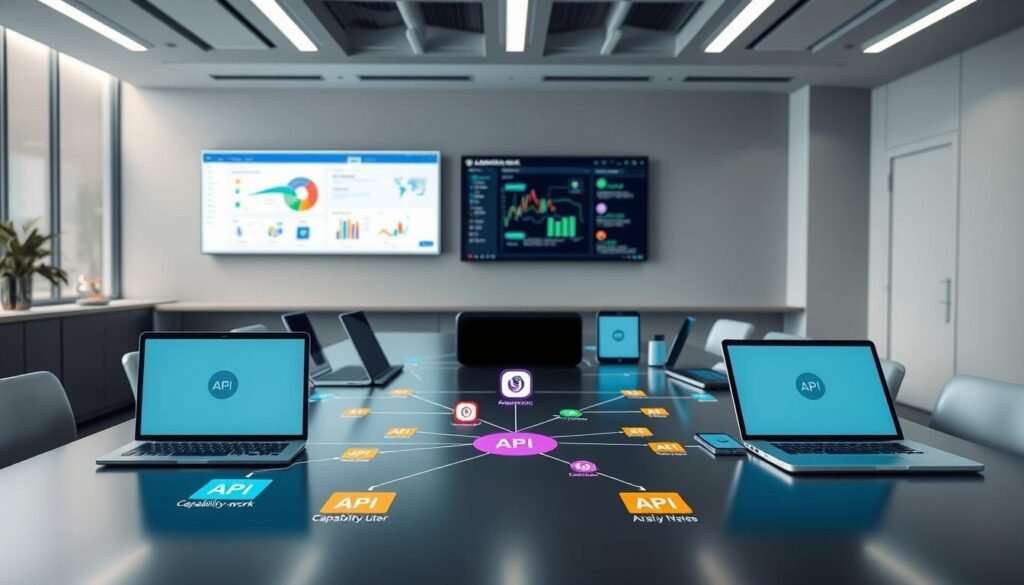 A sleek, modern office interior with a large desk showcasing multiple digital devices, including laptops, tablets, and smartphones. The foreground features colorful data flow diagrams and API icons, illustrating the seamless integration between Capability.work and various third-party software applications. Subtle lighting accentuates the clean lines and minimalist design, creating a professional and efficient atmosphere. In the background, a wall-mounted display presents a dashboard visualizing real-time data synchronization and collaboration between the integrated systems. The overall scene conveys the power and convenience of Capability.work's versatile software integration capabilities. A sleek, modern office interior with a large desk showcasing multiple digital devices, including laptops, tablets, and smartphones. The foreground features colorful data flow diagrams and API icons, illustrating the seamless integration between Capability.work and various third-party software applications. Subtle lighting accentuates the clean lines and minimalist design, creating a professional and efficient atmosphere. In the background, a wall-mounted display presents a dashboard visualizing real-time data synchronization and collaboration between the integrated systems. The overall scene conveys the power and convenience of Capability.work's versatile software integration capabilities.