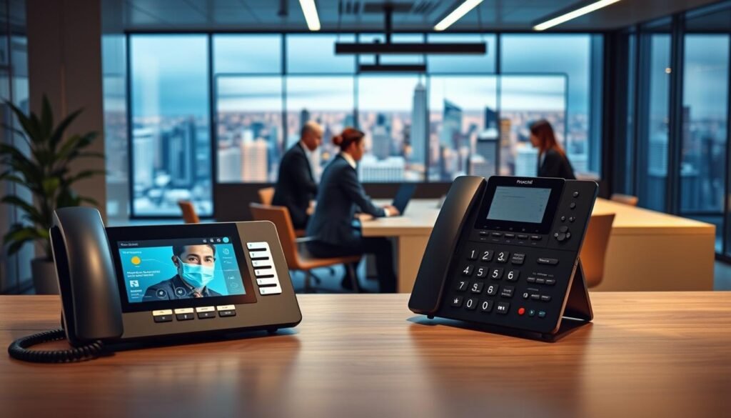 A sleek, modern office setting with a focus on a next-generation telephony solution for businesses. In the foreground, a professional-looking desk with a state-of-the-art VoIP phone system, featuring a large touchscreen display and intuitive controls. The middle ground showcases a dynamic team of business professionals engaged in a video conference, illustrating the seamless integration of the telephony solution. The background depicts a panoramic view of a bustling city skyline, conveying a sense of a forward-thinking, technology-driven enterprise. The lighting is warm and inviting, creating a professional and productive atmosphere. The overall scene conveys the cutting-edge nature of the "KrispCall" telephony solution, designed to elevate the communication capabilities of modern businesses.