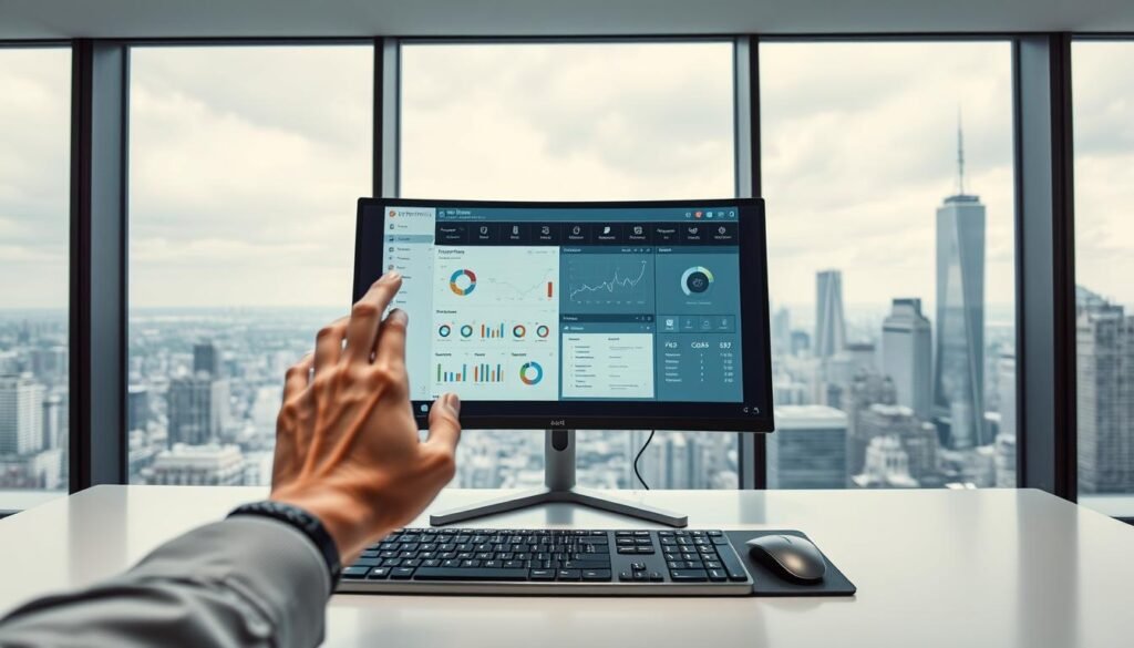A sleek, modern office setting with a large, curved computer monitor on a minimalist desk. The monitor displays a graphical user interface showcasing visitor tracking software, with data visualizations and analytical charts. In the foreground, a hand hovers over the keyboard, pondering the pros and cons of this surveillance technology. The lighting is soft and diffused, creating a contemplative atmosphere. The background features a panoramic city skyline, conveying the broader context of digital privacy and security concerns. Captured with a wide-angle lens to emphasize the interplay between the individual and the technological interface.