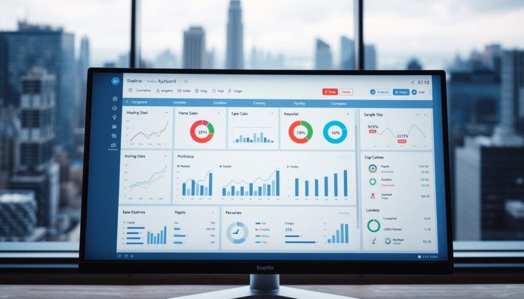 A sleek, modern sales pipeline dashboard displayed on a high-resolution monitor. The foreground shows neatly organized sales data visualizations, including line graphs, pie charts, and KPI metrics. The middle ground features a clean, minimalist user interface with intuitive controls and navigation. The background showcases a blurred cityscape, conveying a sense of a thriving, dynamic business environment. The lighting is soft and diffused, creating a professional and polished atmosphere. The camera angle is slightly angled, providing a comprehensive view of the dashboard's key features. A sleek, modern sales pipeline dashboard displayed on a high-resolution monitor. The foreground shows neatly organized sales data visualizations, including line graphs, pie charts, and KPI metrics. The middle ground features a clean, minimalist user interface with intuitive controls and navigation. The background showcases a blurred cityscape, conveying a sense of a thriving, dynamic business environment. The lighting is soft and diffused, creating a professional and polished atmosphere. The camera angle is slightly angled, providing a comprehensive view of the dashboard's key features.