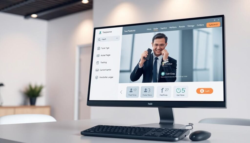 A sleek, modern virtual business phone system, with a clean and intuitive user interface displayed on a high-resolution desktop computer screen. The foreground features a businessperson in a suit conducting a call, their expression focused and professional. The middle ground showcases various telephony features and customization options, while the background depicts a minimalist office setting with neutral tones and clean lines, creating a sense of efficiency and productivity. Soft, directional lighting illuminates the scene, highlighting the digital elements and conveying a sense of technical sophistication. The overall atmosphere evokes a seamless, integrated business communication solution.