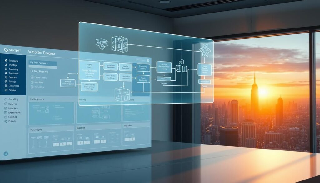 A sleek, modern visual workflow builder interface with a clean, minimalist design. In the foreground, a central dashboard displaying various automation blocks and connections, all rendered in a cool, futuristic color palette of blues, grays, and whites. Floating above this, a holographic projection showcasing the step-by-step progression of a complex business process, the individual tasks and triggers visualized as elegant geometric shapes. In the background, a large window overlooking a vibrant cityscape, the skyline illuminated by a golden sunset. Soft, directional lighting casts dramatic shadows, lending depth and drama to the scene. The overall impression is one of powerful, yet intuitive, process automation capabilities.