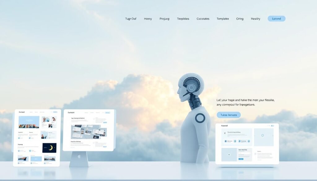 A sleek, modern website interface with a clean, minimalist design. In the foreground, various website building tools and features are showcased, such as drag-and-drop page layout, customizable templates, and real-time previewing. The middle ground depicts an AI assistant guiding the user through the website creation process, using natural language interactions. In the background, a serene, cloud-filled sky with subtle lighting casts a warm, inviting glow over the scene. The overall atmosphere conveys the ease, efficiency, and power of an AI-powered website builder. A sleek, modern website interface with a clean, minimalist design. In the foreground, various website building tools and features are showcased, such as drag-and-drop page layout, customizable templates, and real-time previewing. The middle ground depicts an AI assistant guiding the user through the website creation process, using natural language interactions. In the background, a serene, cloud-filled sky with subtle lighting casts a warm, inviting glow over the scene. The overall atmosphere conveys the ease, efficiency, and power of an AI-powered website builder.