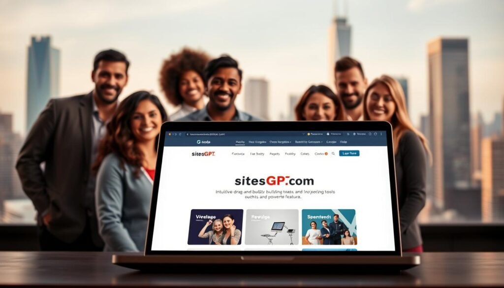 A sleek, modern website with a clean, minimalist design. In the foreground, a glowing laptop displays the SitesGPT.com homepage, showcasing intuitive drag-and-drop website building tools and AI-powered features. The middle ground features a team of diverse, smiling individuals, demonstrating the collaborative and user-friendly nature of the platform. The background depicts a cityscape with towering skyscrapers, symbolizing the scalability and versatility of the AI website builder. Warm, diffused lighting creates a professional and inviting atmosphere, while a shallow depth of field draws the viewer's attention to the central elements. The overall composition conveys the benefits of using SitesGPT.com - speed, simplicity, and seamless collaboration. A sleek, modern website with a clean, minimalist design. In the foreground, a glowing laptop displays the SitesGPT.com homepage, showcasing intuitive drag-and-drop website building tools and AI-powered features. The middle ground features a team of diverse, smiling individuals, demonstrating the collaborative and user-friendly nature of the platform. The background depicts a cityscape with towering skyscrapers, symbolizing the scalability and versatility of the AI website builder. Warm, diffused lighting creates a professional and inviting atmosphere, while a shallow depth of field draws the viewer's attention to the central elements. The overall composition conveys the benefits of using SitesGPT.com - speed, simplicity, and seamless collaboration.