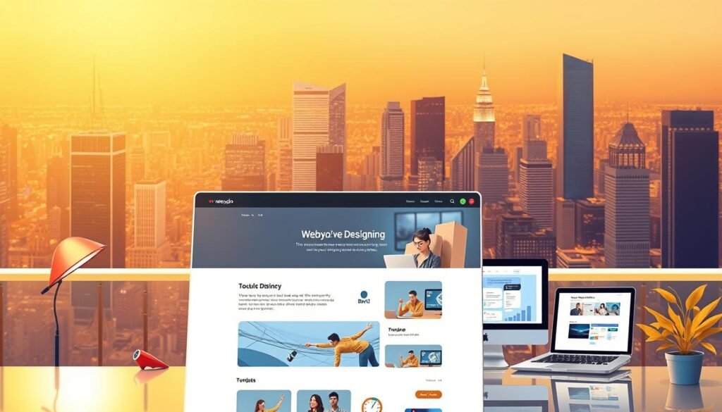 A striking digital illustration showcasing the benefits of the Webydo web design platform. In the foreground, a sleek and modern website interface takes center stage, its clean layout and intuitive navigation radiating efficiency and simplicity. In the middle ground, a team of designers collaborating seamlessly, their devices displaying Webydo's intuitive tools and features. The background reveals a vibrant cityscape, symbolizing the platform's ability to empower businesses to build their online presence with ease. The scene is bathed in a warm, golden light, conveying a sense of productivity, creativity, and the power of Webydo to transform the web design experience.