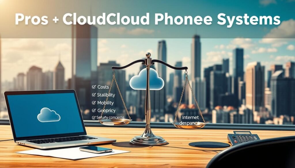 A striking visual representation of the pros and cons of cloud phone systems. In the foreground, an office desk with a laptop, smartphone, and cloud icon, symbolizing the convenience and accessibility of cloud-based communication. In the middle ground, a scale balancing the benefits, such as cost-effectiveness, scalability, and mobility, against the potential drawbacks, like security concerns and internet dependency. The background features a cityscape with towering skyscrapers, hinting at the enterprise-level application of these solutions. The scene is illuminated by warm, natural lighting, creating a sense of professionalism and productivity. Rendered in a crisp, realistic style, this image effectively encapsulates the key considerations for adopting a cloud phone system in a business setting.