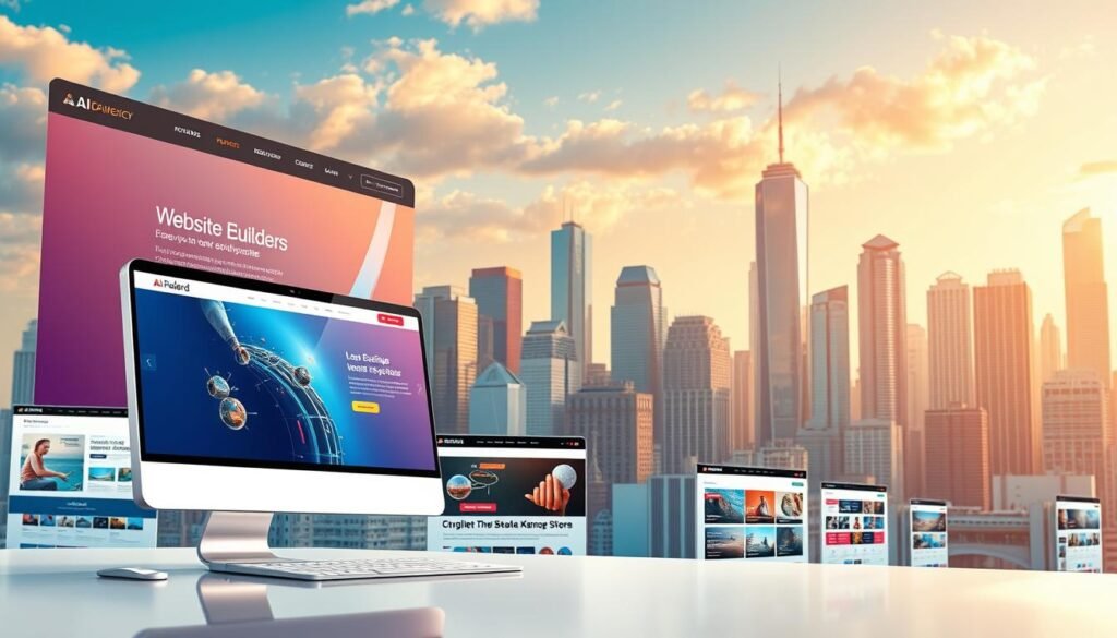 A stunning, high-resolution digital illustration of an AI-powered website builder platform. The foreground features a sleek, modern user interface with intuitive drag-and-drop tools, vibrant color schemes, and responsive web design elements. The middle ground showcases various website templates and customization options, hinting at the platform's flexibility. In the background, a dynamic cityscape with towering skyscrapers reflects the platform's ability to create professional, enterprise-level websites. The scene is illuminated by warm, natural lighting, conveying a sense of productivity and innovation. The overall composition suggests an efficient, user-friendly, and technologically advanced website creation experience. A stunning, high-resolution digital illustration of an AI-powered website builder platform. The foreground features a sleek, modern user interface with intuitive drag-and-drop tools, vibrant color schemes, and responsive web design elements. The middle ground showcases various website templates and customization options, hinting at the platform's flexibility. In the background, a dynamic cityscape with towering skyscrapers reflects the platform's ability to create professional, enterprise-level websites. The scene is illuminated by warm, natural lighting, conveying a sense of productivity and innovation. The overall composition suggests an efficient, user-friendly, and technologically advanced website creation experience.