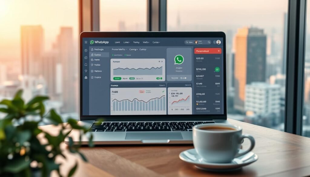 A stylish and modern WhatsApp ROI tracking tool interface displayed on a sleek, silver laptop in a well-lit, minimalist office setting. The screen shows detailed analytics, conversion metrics, and revenue data in a clean, intuitive dashboard. The laptop is positioned on a wooden desk, with a plant and a cup of coffee in the foreground, conveying a productive and focused atmosphere. The background features large windows overlooking a bustling city skyline, bathed in warm, golden lighting that creates a sense of professionalism and success.