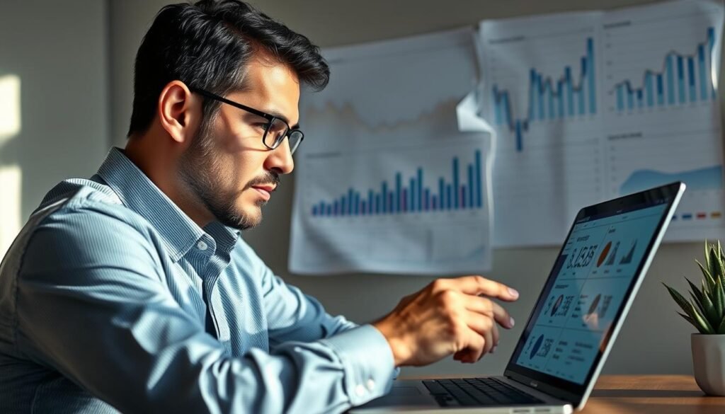 A thoughtful businessman examining a range of online pricing strategies on a laptop, set against a backdrop of financial charts and graphs. Soft, natural lighting illuminates the scene, creating a contemplative mood. The angle is slightly elevated, capturing the subject's focused expression as they carefully consider the options before them. The overall composition conveys the importance of strategic pricing in the success of an online business. A thoughtful businessman examining a range of online pricing strategies on a laptop, set against a backdrop of financial charts and graphs. Soft, natural lighting illuminates the scene, creating a contemplative mood. The angle is slightly elevated, capturing the subject's focused expression as they carefully consider the options before them. The overall composition conveys the importance of strategic pricing in the success of an online business.