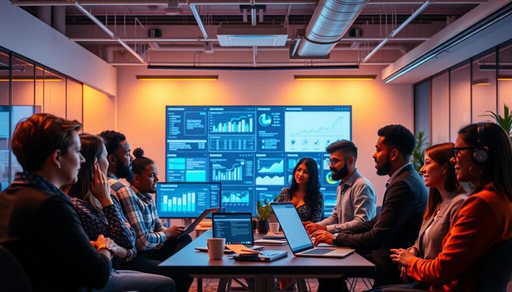 A vibrant and dynamic office setting, illuminated by warm, ambient lighting. In the foreground, a team of diverse professionals engaged in collaborative discussions, their expressions animated as they strategize recruitment solutions. The middle ground features an array of digital interfaces and analytics dashboards, showcasing the data-driven insights that drive their decision-making. In the background, a sleek, minimalist design aesthetic, with clean lines and muted tones that convey a sense of professionalism and efficiency. The overall atmosphere is one of innovation, productivity, and a dedication to transforming the recruitment industry.