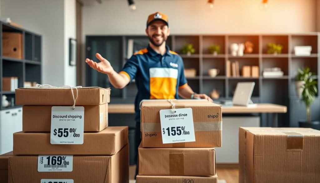 A vibrant and dynamic scene of discounted shipping rates. In the foreground, a stack of cardboard boxes with price tags showcasing substantial savings. The middle ground features a delivery person in a branded uniform, enthusiastically gesturing towards the discounted packages. The background is a sleek, modern office setting, with a minimalist desk and shelves hinting at the efficiency and professionalism of the shipping service. Warm, natural lighting filters in, casting a soft glow and conveying a sense of reliability and trust. The overall composition conveys the message of cost-effective, hassle-free shipping solutions, perfectly aligning with the article's focus on Shippo's shipping services.