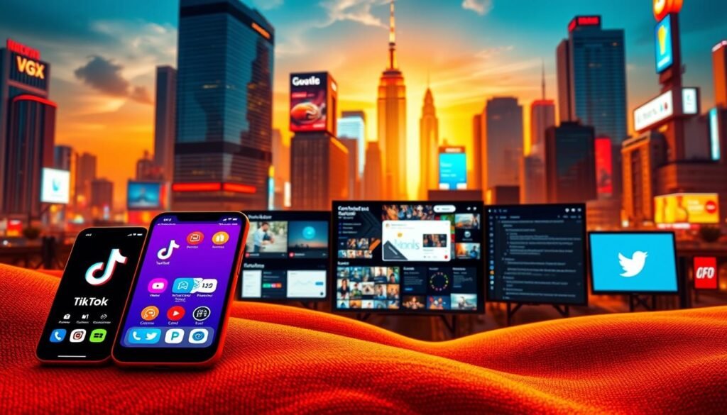 A vibrant, dynamic landscape showcasing a variety of social media platforms and marketing alternatives to Instagram. In the foreground, sleek smartphone icons representing various apps and services like TikTok, YouTube, LinkedIn, and Twitter. In the middle ground, a collage of digital screens displaying analytic dashboards, content calendars, and collaboration tools. The background features a cityscape with towering skyscrapers, neon signage, and a vibrant, futuristic ambiance, symbolizing the fast-paced, ever-evolving world of digital marketing. The scene is illuminated by a warm, golden light, creating a sense of optimism and innovation. The overall composition conveys the idea of a diverse, interconnected ecosystem of social media marketing solutions beyond the traditional Instagram platform.