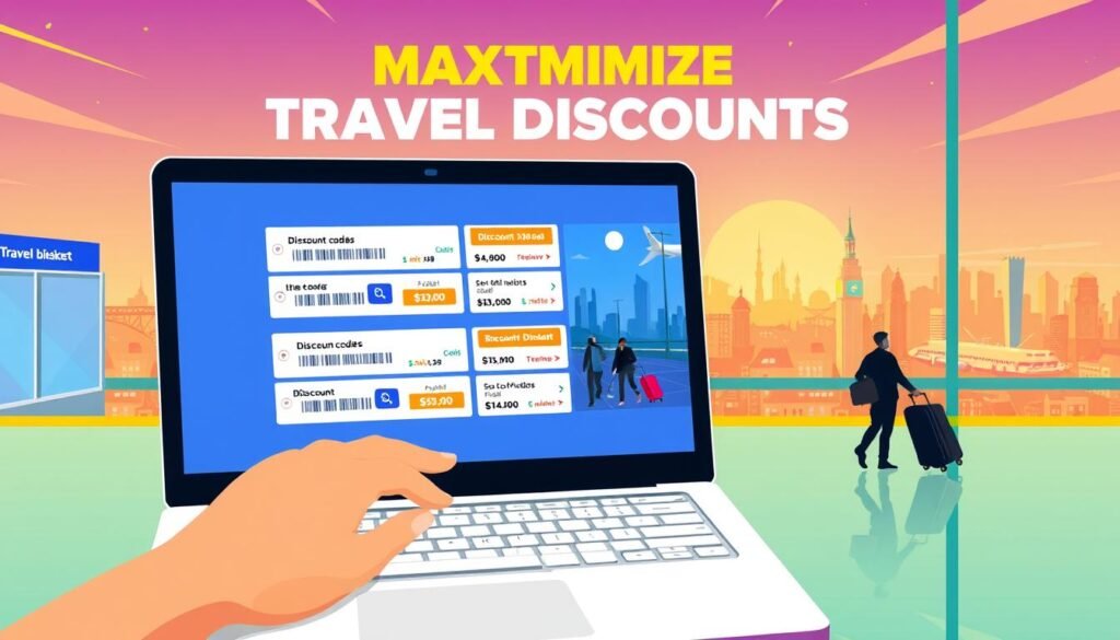 A vibrant, visually striking illustration of maximizing travel discounts. In the foreground, a laptop screen displays various discount codes and deals, with a hand hovering over the keyboard, ready to apply them. The middle ground features a stylized, modern airport terminal, with travelers hurrying through, suitcases in hand. In the background, a panoramic view of a bustling city skyline, filled with iconic landmarks and a warm, golden-hour glow. The overall scene conveys a sense of efficiency, excitement, and the thrill of securing the best possible deals for an upcoming trip.