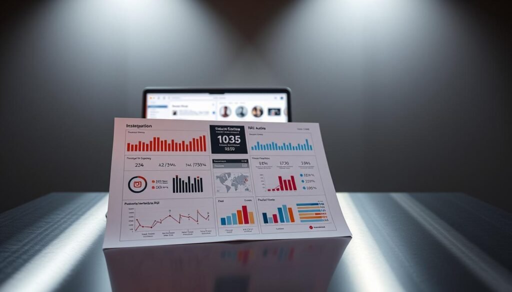 A visually stunning analysis of Instagram marketing ROI, displayed on a sleek, metallic surface. In the foreground, a detailed infographic showcases key performance metrics, charts, and graphs, illuminated by a warm, directional light source. The middle ground features a laptop or tablet displaying real-time analytics, while the background is a minimalist, gray-toned environment, creating a sense of focus and professionalism. The overall composition conveys a data-driven, modern aesthetic, suitable for an article on streamlining social media presence.