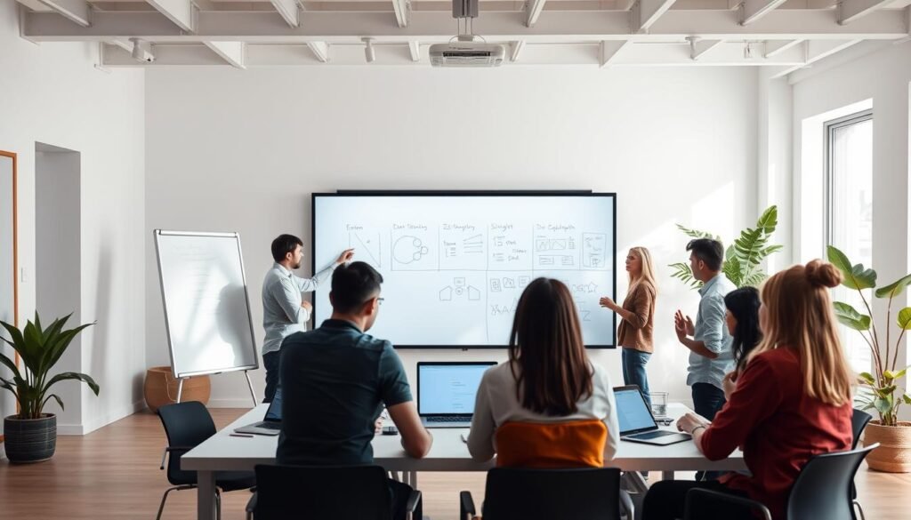 A well-lit, airy remote workshop setting with a large whiteboard or digital canvas taking center stage. In the foreground, a diverse team of professionals collaborating intently, sketching ideas, and sharing insights. The middle ground features an array of digital devices, including laptops, tablets, and a high-quality webcam, enabling seamless virtual participation. The background showcases a minimalist, modern office space with ample natural light, calming neutral tones, and strategic placement of potted plants for a touch of nature. The overall atmosphere conveys a sense of focused productivity, creative energy, and efficient remote teamwork.