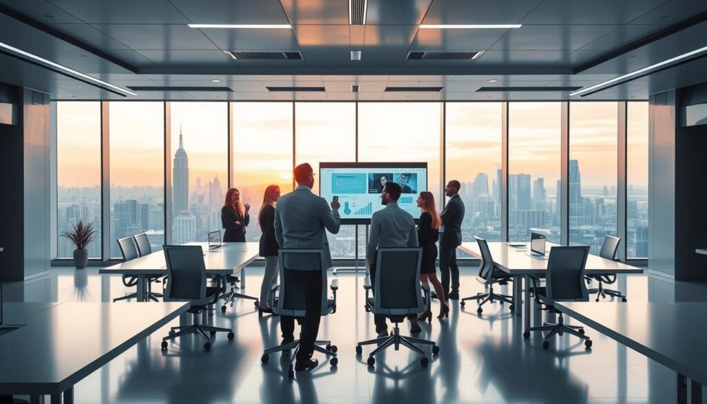 A well-lit, futuristic office interior with a sleek and modern aesthetic. In the foreground, a group of business professionals animatedly discussing a presentation on a large, high-definition digital display. The middle ground features an array of ergonomic desks and chairs, creating a collaborative workspace. The background showcases a panoramic city skyline visible through floor-to-ceiling windows, bathed in the warm glow of sunset. The overall atmosphere conveys efficiency, productivity, and seamless communication, reflecting the key benefits of using a robust business messaging platform like Wati.io.