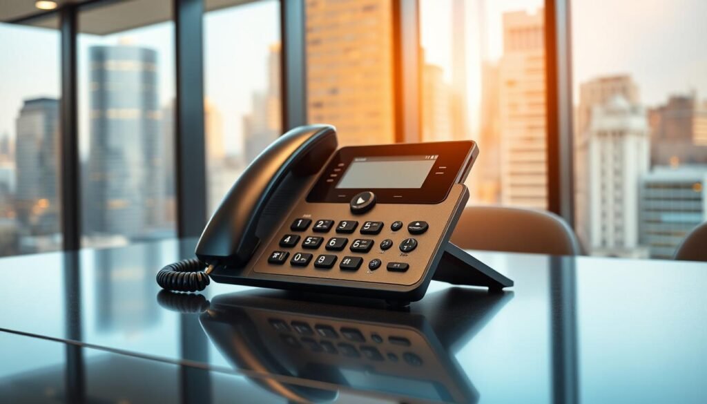 A well-lit office space with an elegant black desk showcasing a sleek business phone. The phone features a large, high-resolution display, a clean and intuitive interface, and a range of customizable buttons for accessing advanced calling features. In the background, a large window overlooks a bustling cityscape, creating a professional and productive atmosphere. The lighting is soft and warm, accentuating the phone's premium design and the polished surfaces of the desk. The camera angle is slightly elevated, capturing the phone in a prominent, centered position, highlighting its importance as a crucial tool for modern business communication.