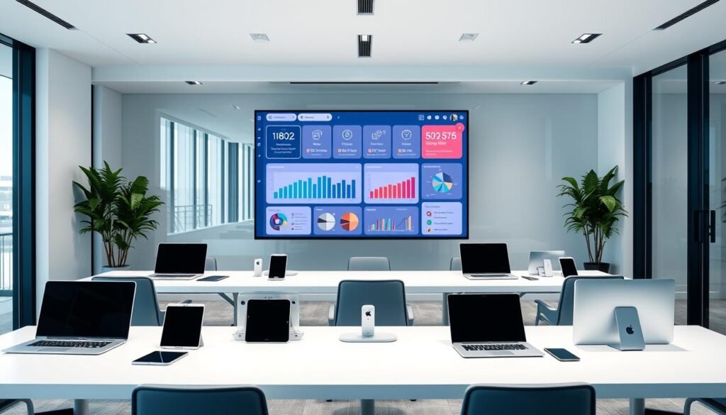 Sleek and intuitive workforce management tools arranged in a modern, minimalist office setting. A clean, well-lit workspace with a large central monitor displaying a dashboard of various employee productivity and attendance tracking features. Surrounding this are neatly organized workstations with laptops, tablets, and other smart devices showcasing the software's user-friendly interface and seamless integrations. The overall atmosphere conveys efficiency, organization, and technological sophistication - key features that empower businesses to optimize their workforce and drive growth. Sleek and intuitive workforce management tools arranged in a modern, minimalist office setting. A clean, well-lit workspace with a large central monitor displaying a dashboard of various employee productivity and attendance tracking features. Surrounding this are neatly organized workstations with laptops, tablets, and other smart devices showcasing the software's user-friendly interface and seamless integrations. The overall atmosphere conveys efficiency, organization, and technological sophistication - key features that empower businesses to optimize their workforce and drive growth.