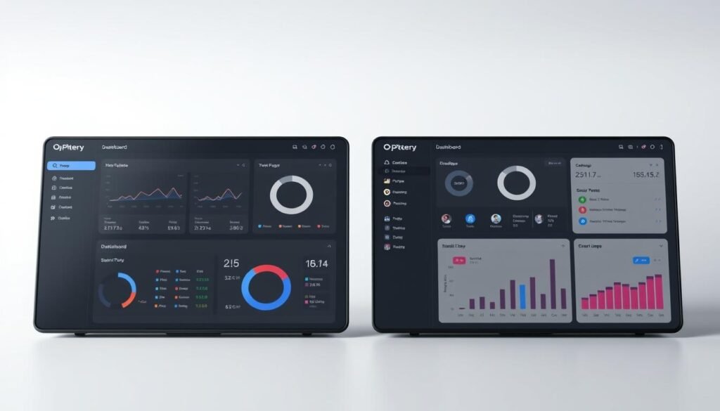 a detailed, high-quality, photorealistic comparison of two dashboard navigation interfaces, with a sleek and modern design aesthetic. The image should feature two side-by-side dashboard views, showcasing the key differences in layout, information density, and overall user experience. The left dashboard should have a minimalist, elegant design with clean lines and subdued colors, while the right dashboard should have a more feature-rich, data-driven interface with multiple widgets and visualizations. Both dashboards should be rendered with a soft, even lighting and a subtle depth of field, creating a sense of depth and focus. The overall mood should be professional, polished, and inviting, reflecting the high-quality user experience of the Optery service.