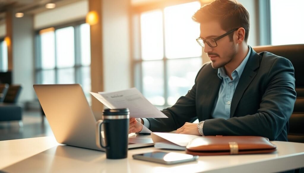 a professional business person sitting at a table in an airport lounge, reviewing travel documents and a laptop, conveying a sense of efficiency and productivity during a business trip. The scene is bathed in warm, natural lighting from a nearby window, with a subtle blur in the background to focus attention on the traveler. The table is neatly organized with a stylish leather portfolio, a travel mug, and a smartphone. The traveler's attire is smart casual, projecting a sense of sophistication and preparedness. The overall atmosphere evokes a feeling of seamless travel optimization and a well-managed business journey.