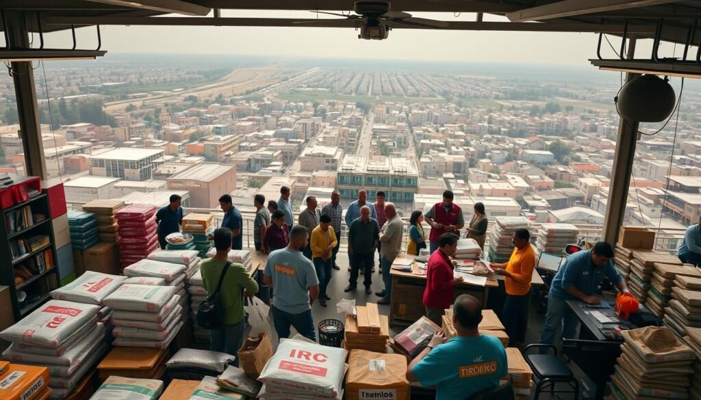 A bustling humanitarian hub, with various aid programs and services in the foreground. In the middle ground, a diverse team of IRC staff and volunteers coordinating relief efforts. In the background, a panoramic view of a crisis-affected region, with buildings, infrastructure, and people in need. Soft, warm lighting illuminates the scene, conveying a sense of compassion and determination. The overall atmosphere is one of organized efficiency, empathy, and a steadfast commitment to helping those in distress.
