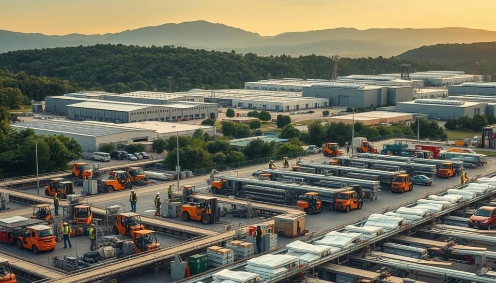 A bustling industrial complex nestled against a lush, verdant landscape. In the foreground, a network of conveyor belts, forklifts, and workers in protective gear efficiently move materials through the production facility. In the middle ground, automated machinery hums, cutting, shaping, and assembling high-quality fashion items. The background showcases towering warehouses and distribution centers, their roofs dotted with solar panels, reflecting the company's commitment to sustainability. Warm, diffused lighting casts a soft glow over the scene, conveying a sense of diligence and precision. The overall atmosphere is one of a well-oiled, eco-conscious supply chain, dedicated to delivering exceptional, ethically-sourced products.