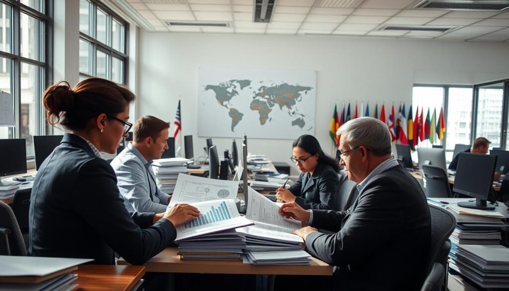 A bustling office scene, with sunlight streaming through large windows illuminating a workspace filled with desks, computers, and stacks of documents. In the foreground, a team of professionals pore over financial reports and budgets, their expressions focused as they coordinate the allocation of funding for humanitarian aid projects. In the middle ground, a world map adorns the wall, pinpointing the locations of various aid initiatives, while the background showcases an array of international flags, symbolizing the global reach of the organization's efforts. The overall atmosphere conveys a sense of diligence, collaboration, and a commitment to ensuring that vital resources reach those in need.