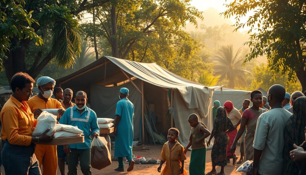 A bustling refugee camp set against a backdrop of lush greenery, with a strong sense of purpose and resilience. In the foreground, a group of aid workers distribute supplies and provide medical assistance to families in need. The middle ground features a makeshift shelter, where children play amid the chaos, their faces filled with hope. Warm, diffused sunlight filters through the trees, casting a soft glow over the scene. The overall atmosphere conveys the impact of humanitarian work, as well as a commitment to accountability and transparency in the results achieved.