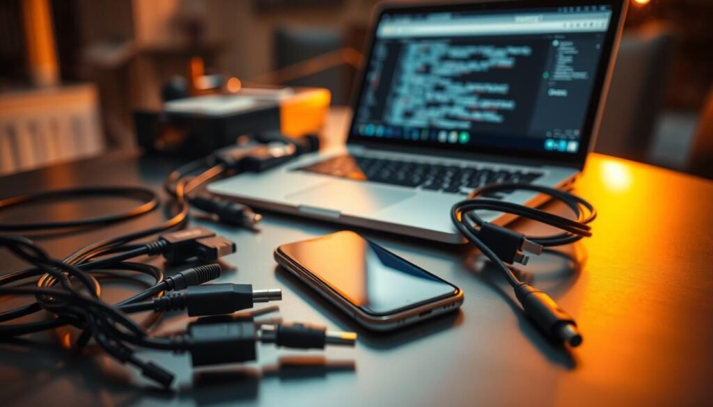 A close-up view of advanced web scraping tools arranged on a metallic surface, bathed in a warm, ambient lighting. The tools include a laptop, a smartphone, a data extraction software interface, and an array of cables and connectors, all conveying a sense of sophisticated data gathering capabilities. The scene evokes a professional, high-tech environment, where the tools are the centerpiece, hinting at their role in unlocking valuable business insights through comprehensive web data collection.