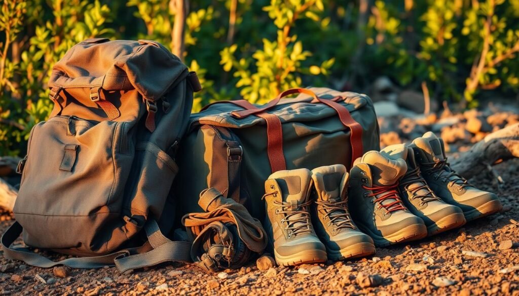 A collection of rugged outdoor gear, including a weathered backpack, a sturdy duffel bag, and a series of hiking boots, nestled in a natural, earthy setting. The scene is bathed in warm, golden sunlight, casting soft shadows and highlighting the robust textures of the materials. The gear is arranged in a visually appealing, symmetrical layout, conveying a sense of organization and readiness for adventure. The background features a backdrop of lush, green foliage, hinting at the wilderness beyond, creating an overall atmosphere of exploration and outdoor exploration.