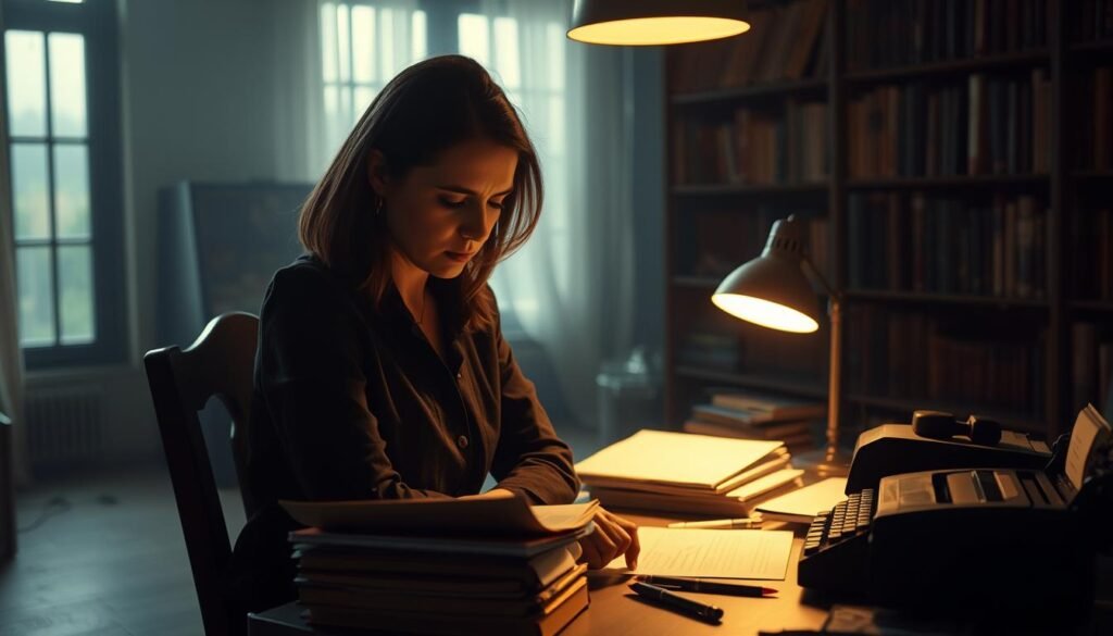 A dimly lit study, illuminated by the warm glow of a table lamp. In the foreground, a woman sits at a desk, her brow furrowed in concentration as she pores over a stack of files. The scene exudes an air of quiet contemplation, capturing the essence of "social diagnosis" - the careful analysis and assessment of an individual's social and environmental circumstances. The woman's face is partially obscured, her features shrouded in shadow, emphasizing the introspective nature of her work. The desk is cluttered with papers, pens, and a typewriter, suggesting the meticulous and thorough process of social diagnosis. In the background, bookshelves line the walls, casting long shadows and creating a sense of depth and history. The overall mood is one of seriousness and professionalism, reflecting the importance and gravity of the work being undertaken.