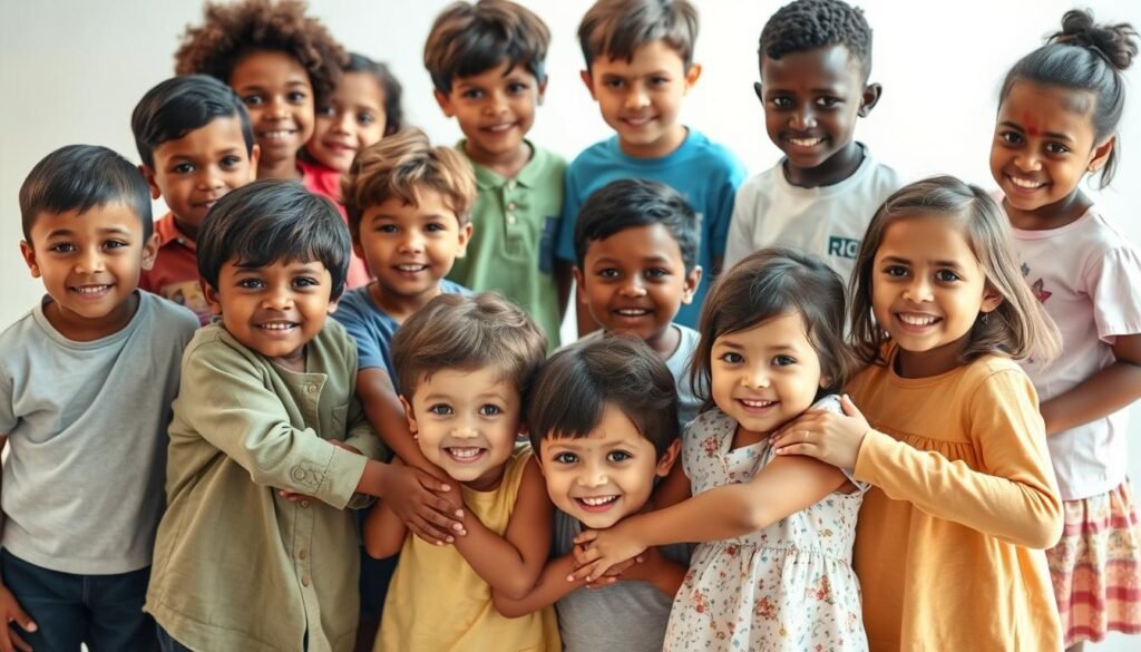 A diverse group of children from around the world, representing various ethnicities, ages, and backgrounds, standing together in a harmonious pose. Soft, natural lighting bathes the scene, creating a warm, nurturing atmosphere. The children's expressions are filled with hope, curiosity, and a sense of unity, symbolizing the importance of providing a strong start for every child, both in the U.S. and globally. The composition emphasizes the subjects' interconnectedness, with the children arranged in a circular formation, hands joined, conveying the message of collective support and advocacy for children's well-being.