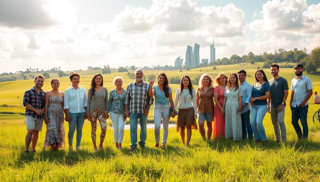 A diverse, inclusive group of individuals from all backgrounds, ages, and abilities stand together in a serene, open meadow. Sunlight filters through fluffy white clouds, casting a warm, hopeful glow. In the foreground, people of varying ethnicities, genders, and physical abilities clasp hands, smiling and looking towards a future of equal opportunity. The middle ground features a lush, verdant landscape with rolling hills and a tranquil pond, symbolizing harmony and balance. In the distance, futuristic, sustainable buildings rise, representing technological progress in service of global equality. The overall mood is one of unity, optimism, and a shared vision for a just, equitable world.
