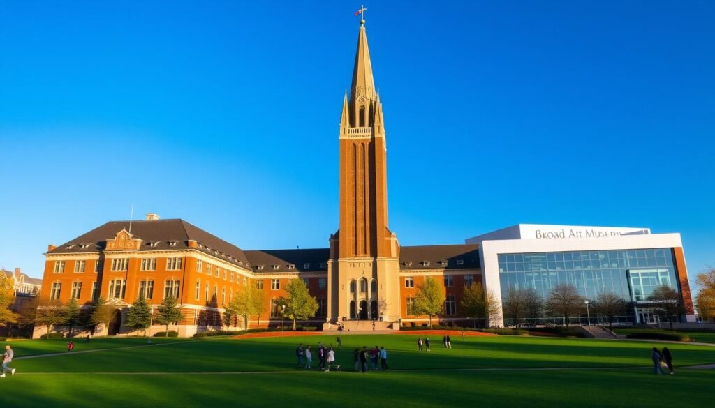 A grand, sprawling campus set against a clear blue sky, Michigan State University's iconic structures stand tall, a testament to the pursuit of knowledge. In the foreground, the red-brick walls of the Administration Building cast long shadows, the sun's rays illuminating its ornate architecture. Moving back, the soaring steeple of the Beaumont Tower rises majestically, surrounded by a lush, verdant lawn where students gather. In the distance, the sleek, modern lines of the Broad Art Museum complement the historic charm, creating a harmonious blend of old and new. This dynamic, vibrant scene captures the essence of a renowned institution, a place of intellectual discovery and inspiration.