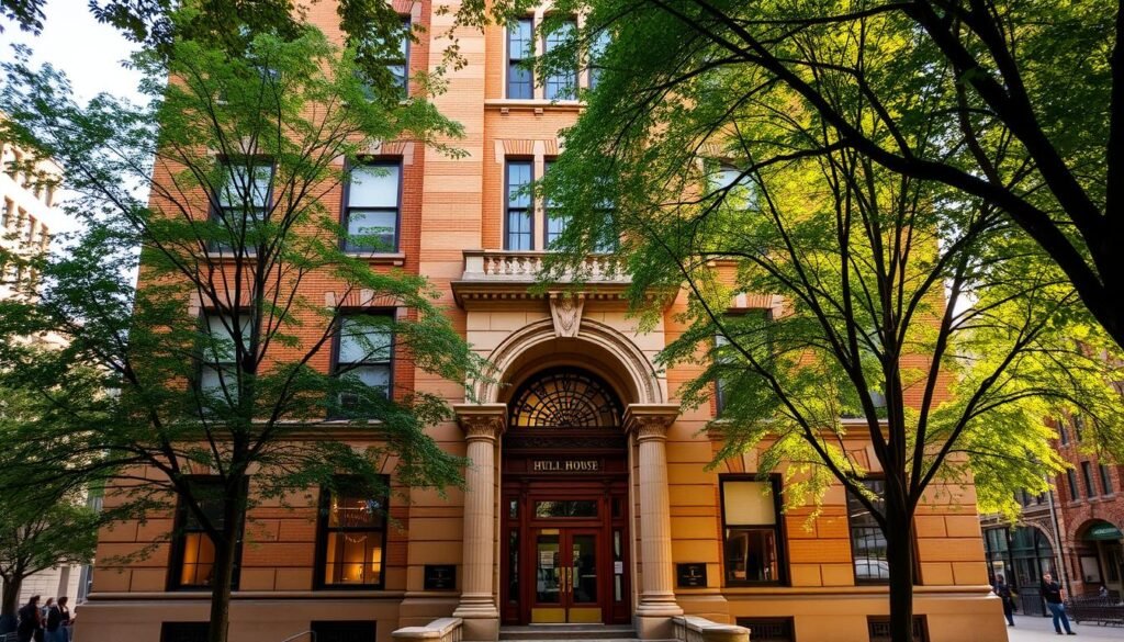 A grand, stately building in the Victorian style, Hull House stands tall and proud in the heart of Chicago's bustling urban landscape. The warm, honey-colored bricks and intricate stone details create a welcoming, inviting atmosphere. Lush, verdant trees frame the structure, casting soft, dappled shadows across the facade. The building's entrance is marked by an ornate, arched doorway, flanked by grand columns that evoke a sense of grandeur and significance. Through the windows, one can glimpse the vibrant, community-driven activities taking place within, a testament to the pioneering social work and progressive ideals championed by Jane Addams and her fellow residents. The scene is bathed in a warm, golden light, conveying a sense of hope, opportunity, and the transformative power of social reform.
