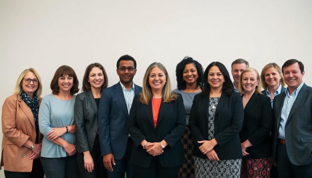 A group of Ashoka Fellows, distinguished social innovators and change-makers, stand together in a professional, yet warm and collaborative setting. The frame captures them in a mid-shot, with a clean, minimalist background that allows their faces and body language to take center stage. The lighting is soft and flattering, creating a sense of purpose and determination. The Ashoka Fellows represent a diverse range of ages, ethnicities, and backgrounds, reflecting the organization's commitment to inclusive leadership. Their expressions convey a sense of shared purpose, camaraderie, and a collective drive to make a positive impact on the world.