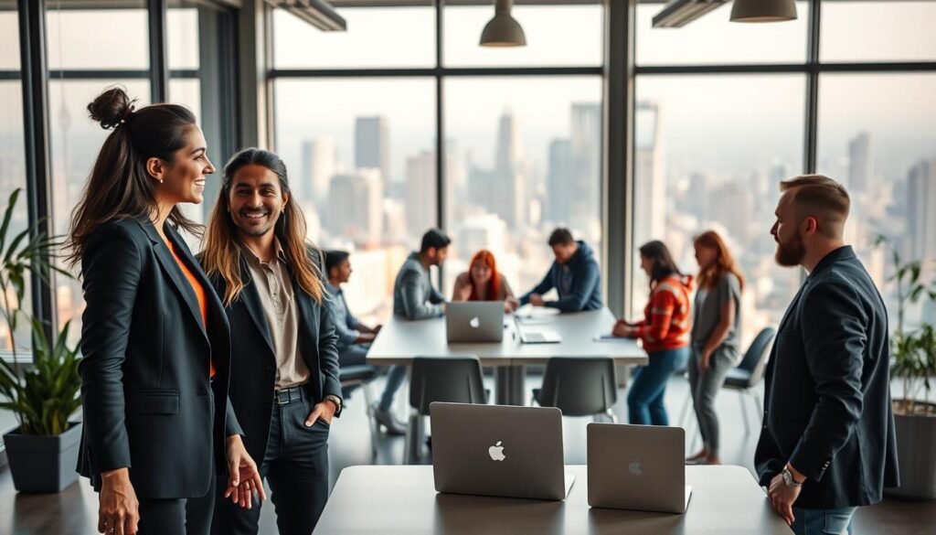 A group of diverse, dynamic entrepreneurs in a modern, well-lit office setting. In the foreground, three individuals - a woman in a bold power suit, a man with a startup-chic look, and a non-binary person with a vibrant fashion sense - are engaged in an animated discussion, their expressions exuding confidence and drive. In the middle ground, a team of young innovators collaborate around a sleek conference table, their laptops and whiteboards indicating a flurry of creative activity. The background features floor-to-ceiling windows overlooking a bustling city skyline, conveying a sense of opportunity and boundless potential. The overall mood is one of innovation, determination, and the thrill of building something remarkable.