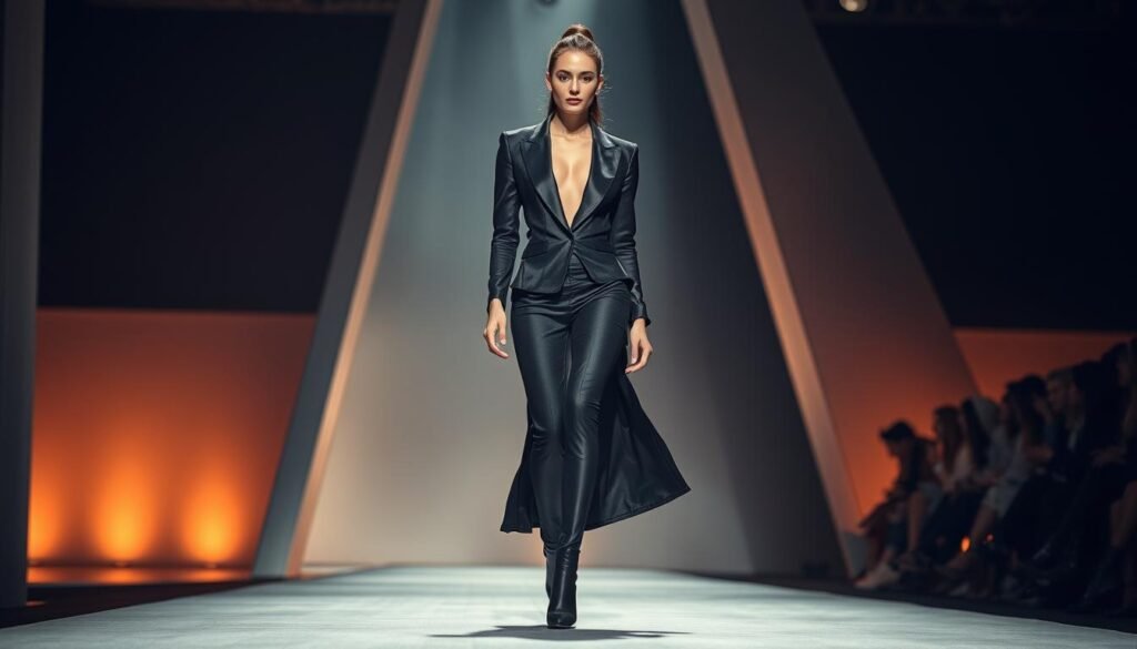 A high-fashion runway scene with a striking focal point. In the foreground, a model struts confidently, showcasing a sleek, avant-garde ensemble in rich, jewel-toned fabrics. The middle ground features a backdrop of sleek, angular architectural elements, casting dramatic shadows and highlighting the cutting-edge silhouette. The background is bathed in warm, dramatic lighting, creating a sense of exclusivity and luxury. The overall composition conveys a modern, high-end aesthetic that aligns with the brand's focus on premium fashion.