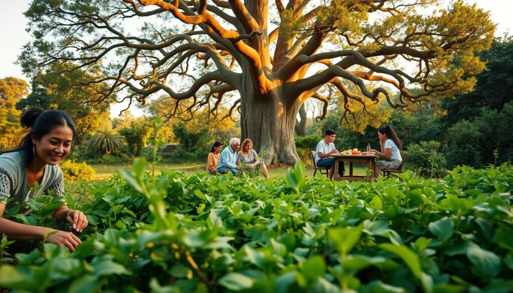 A lush, verdant landscape stretches out before a group of people, their faces serene and joyful as they engage in various activities. In the foreground, a family tends to a thriving garden, their hands gently caressing the soil. In the middle ground, a group of individuals gather around a table, sharing a meal and deep conversation. In the background, a towering, ancient tree stands as a silent witness, its branches reaching towards the warm, golden sunlight filtering through the canopy. The scene exudes a sense of harmony, balance, and a deep connection to the land. The lighting is soft and natural, capturing the tranquility of the moment. The angle is wide, allowing the viewer to take in the entirety of the SEKEM community's commitment to sustainable living.