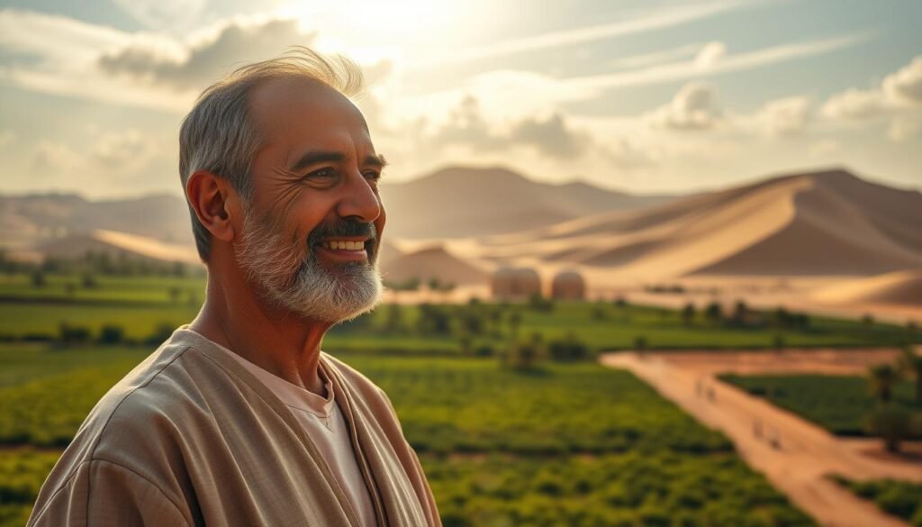 A middle-aged man with a warm, benevolent expression gazes intently into the distance. Dr. Ibrahim Abouleish, the founder of SEKEM, stands against a backdrop of lush, verdant fields and towering desert dunes. Sunlight filters through wispy clouds, casting a soft, golden glow over the scene. His face is framed by a neatly trimmed beard, and he wears a traditional Egyptian robe, embodying a harmonious blend of modernity and ancient tradition. The image conveys a sense of visionary leadership, environmental stewardship, and a commitment to sustainable development that defined Abouleish's groundbreaking desert initiative.