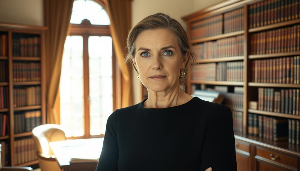 A middle-aged woman with piercing blue eyes and a determined expression stands in a well-lit study, surrounded by rows of leather-bound books and a writing desk. Her hair is neatly pinned back, and she wears a simple yet elegant black dress, conveying a sense of professionalism and authority. Sunlight streams in through a large window, casting a warm glow on her face and the study's mahogany furnishings. The overall atmosphere is one of scholarly contemplation and intellectual rigor, reflecting the subject's significant contributions to the field of social work.