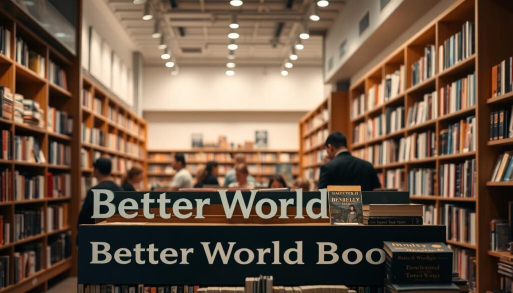 A modern, well-lit bookstore interior with a prominent "Better World Books" display in the foreground. Bookshelves line the walls, creating a warm, inviting atmosphere. The display features a variety of books, organized neatly with crisp, clean typography. Soft, diffused lighting casts a gentle glow, highlighting the book covers and creating a sense of quality and professionalism. In the middle ground, customers browse the shelves, engaged in thoughtful exploration. The background features additional shelves, showcasing the extensive book selection. An overall sense of knowledge, literacy, and community radiates from the scene.