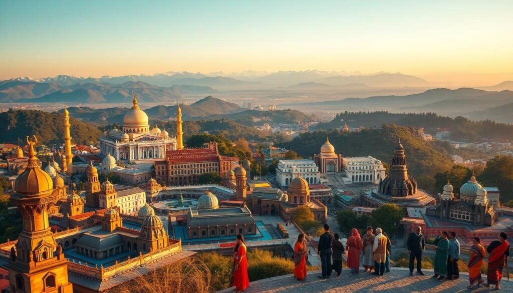 A panoramic view of diverse countries, representing the global reach of Premal Shah's mission-driven work. The foreground features prominent landmarks and architectural wonders from across the world, captured in a dynamic, cinematic style. The middle ground showcases a tapestry of vibrant cultures, with people in traditional garb engaging in local activities. The background transitions seamlessly into a breathtaking landscape, a blend of rolling hills, snow-capped peaks, and lush forests, illuminated by warm, golden-hour lighting. The scene conveys a sense of unity, progress, and the transformative impact of Premal Shah's vision, bridging geographic and cultural boundaries.