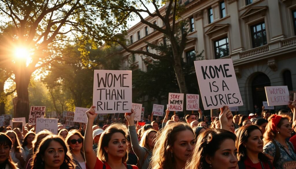 A powerful scene of women's rights activists marching with determination, backlit by the sun's warm glow. In the foreground, a diverse group of women raise placards with empowering slogans, their faces etched with resolute expressions. The middle ground features a sea of bodies, united in their cause, moving with purpose down a tree-lined street. In the background, stately buildings and architectural details frame the scene, conveying a sense of historic significance. The lighting is dramatic, casting dramatic shadows and highlights that accentuate the strength and unity of the movement. Capture this pivotal moment in the fight for civil liberties and social justice.