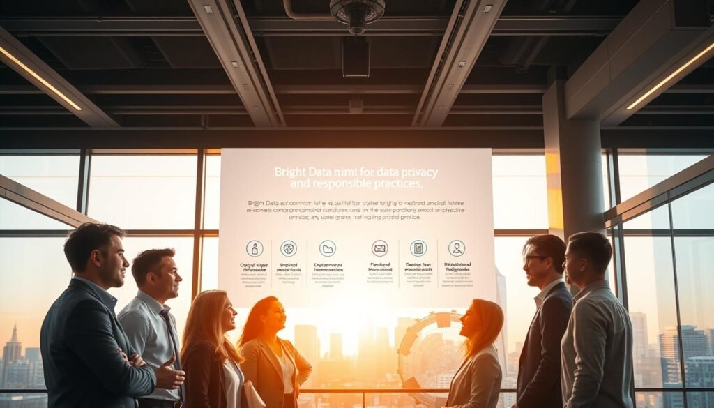 A sleek, modern office interior with large windows flooding the space with warm, natural light. In the foreground, a group of professionals in business attire are engaged in a collaborative discussion, their expressions conveying a sense of ethical deliberation. The middle ground features a prominent display showcasing Bright Data's commitment to data privacy and responsible practices, complete with icons and infographics. The background depicts a cityscape, symbolizing Bright Data's global reach and impact. The overall atmosphere radiates professionalism, transparency, and a strong ethical foundation.