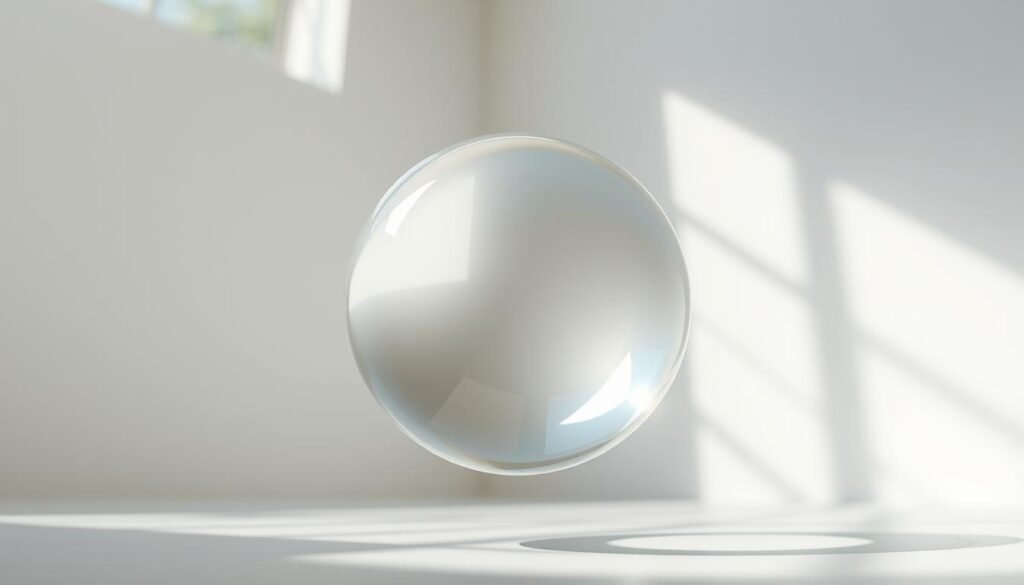 A transparent crystal sphere floats in a serene, softly lit studio. Sunlight filters through the glass, casting a kaleidoscope of refractions across the scene. The sphere's surface reflects the surrounding environment, blending the foreground and background in a mesmerizing play of light and shadow. The camera captures this captivating image from a low, slightly elevated angle, emphasizing the sphere's delicate balance and the sense of tranquility pervading the space. This ethereal, minimalist composition evokes the idea of clarity, transparency, and the trustworthy flow of resources, embodying the essence of "Aid Transparency, Sources of Funds, and Donor Confidence".