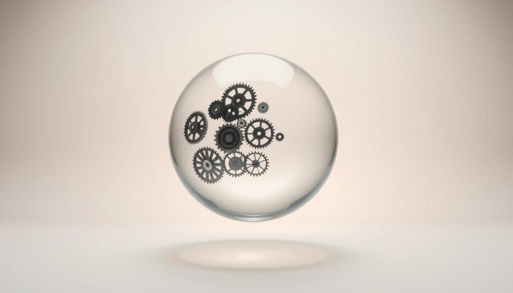 A transparent glass sphere levitates amidst a minimalist white studio, bathed in soft, diffused lighting. Within the sphere, intricate gears and mechanisms symbolize the inner workings of accountability, their movements reflecting the interplay of checks and balances. The background gradually fades to a gradient of subtle, earthy tones, evoking a sense of grounded responsibility. The composition emphasizes simplicity and clarity, inviting the viewer to peer into the heart of transparency and continuous improvement.