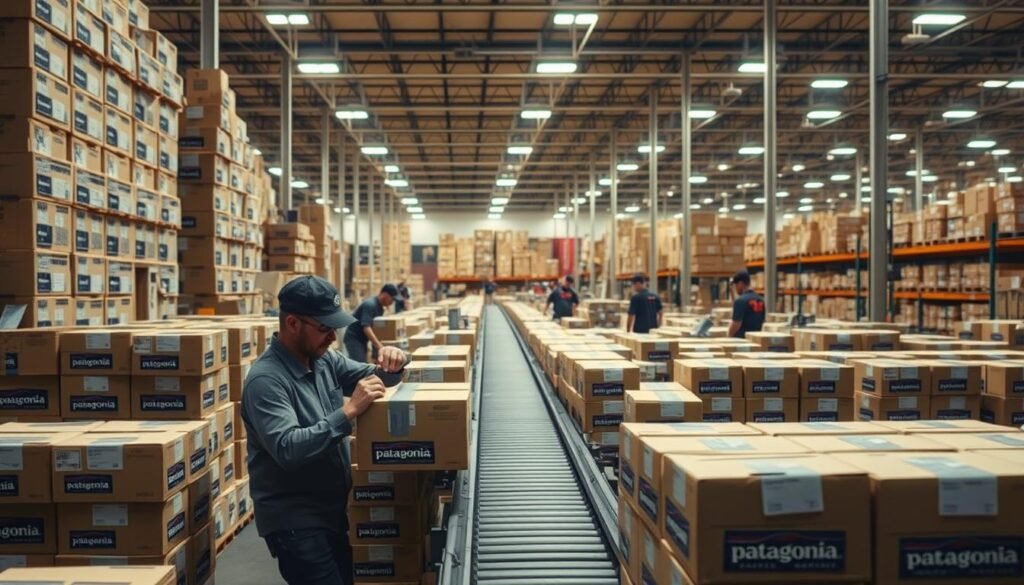 A vast warehouse filled with neatly stacked boxes, their labels showcasing a diverse array of Patagonia outdoor gear. Soft, diffused lighting illuminates the scene, casting a warm glow on the hardworking team efficiently packing and sealing each order. In the foreground, a worker carefully tapes up a box, their movements precise and purposeful. In the middle ground, a conveyor belt transports an endless stream of packages, destined for eager customers. The background reveals rows of shelves brimming with an abundance of Patagonia products, ready to be shipped worldwide. The overall atmosphere exudes a sense of productivity, organization, and the brand's commitment to high-quality outdoor apparel and equipment.