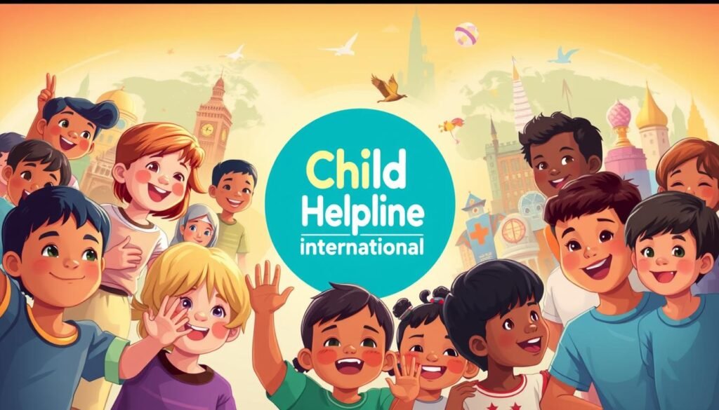 A vibrant, dynamic illustration depicting the global impact and initiatives of Child Helpline International. In the foreground, a diverse group of children of various ages and backgrounds, each with a hopeful expression, reaching out for support. The middle ground showcases the iconic Child Helpline International logo, rendered with bold, vivid colors and a sense of strength and unity. In the background, a collage of global landmarks and cultural symbols, representing the organization's worldwide presence and commitment to serving children in need. The scene is illuminated by warm, natural lighting, conveying a sense of optimism and empowerment. The overall composition evokes a powerful narrative of the organization's mission to provide essential resources and care for vulnerable children around the world.